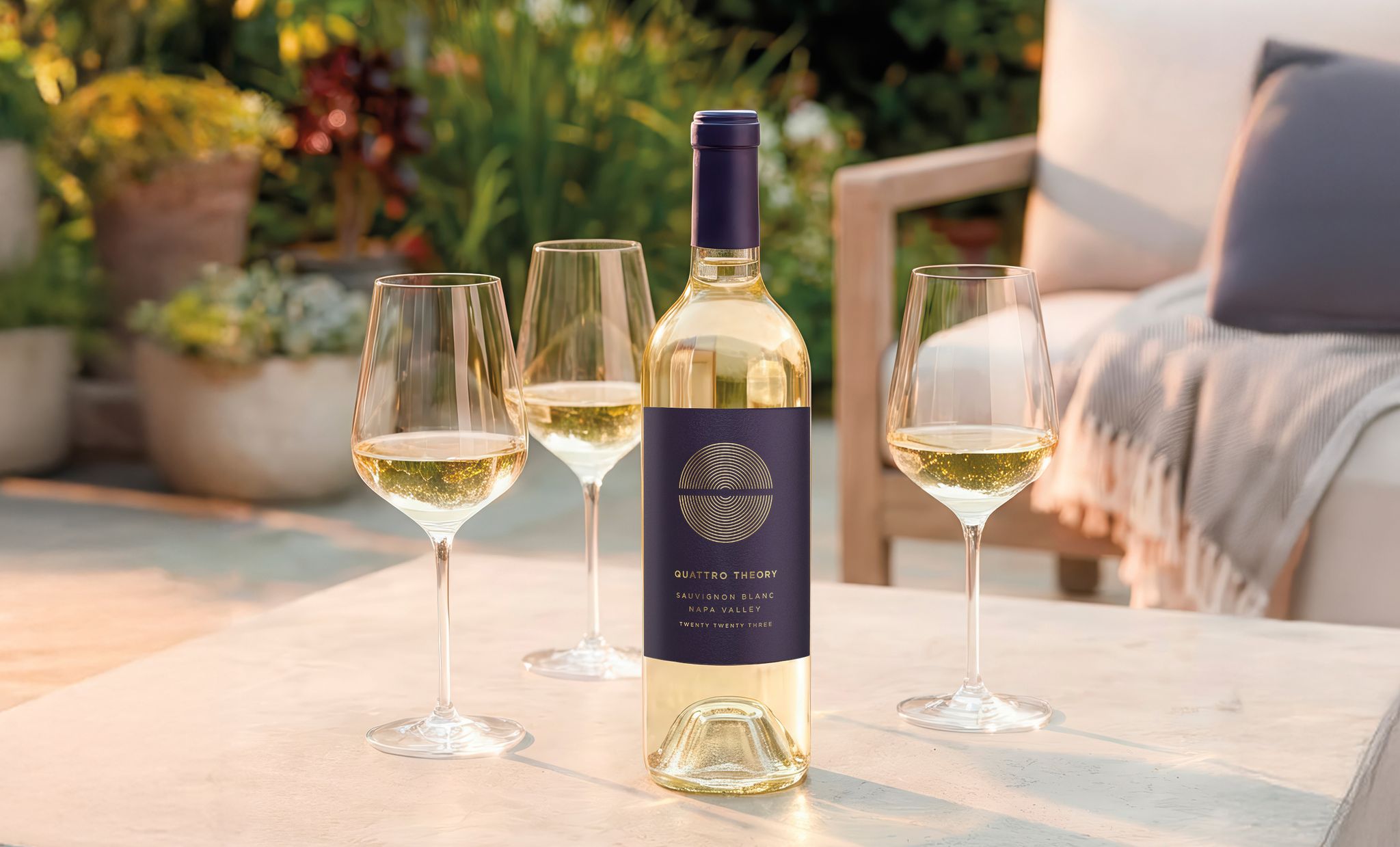 An outdoor patio table with a Quattro Theory bottle of Sauvignon Blanc and filled wine glasses, with a chair and foliage in the background