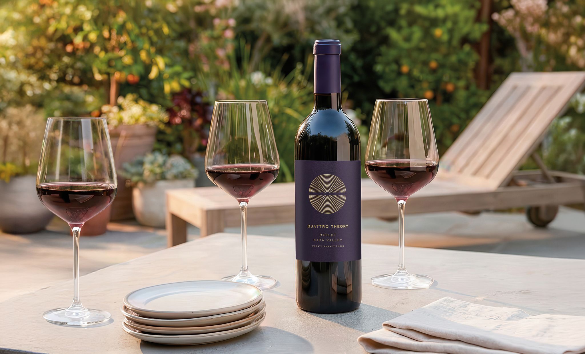 An outdoor patio table with a Quattro Theory Merlot wine bottle, filled wine glasses, plates and napkins, with a lounge chair and foliage in the background